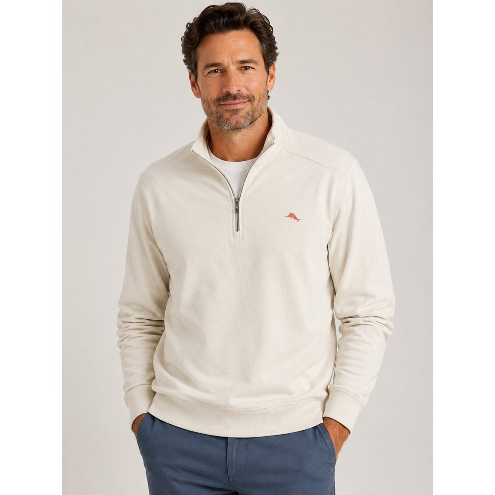 Tommy Bahama Men's XXL Ivory 1/4 Zip Pullover Sweatshirt 100% Cotton Marlin